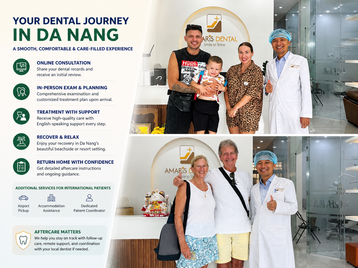 Dr Ho Truong An with international patients and families at Amaris Dental Clinic Da Nang