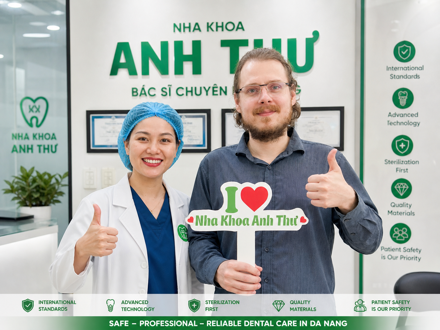 Dr Anh Thu dentist in Da Nang Vietnam with satisfied international patient at Anh Thu Dental Clinic