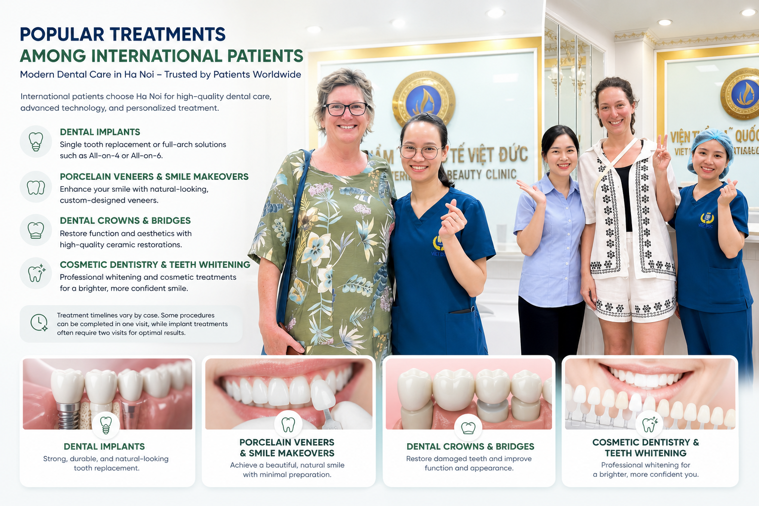 Popular dental treatments in Hanoi for international patients at Viet Duc Dental Clinic - Dental implants, porcelain veneers, crowns and teeth whitening